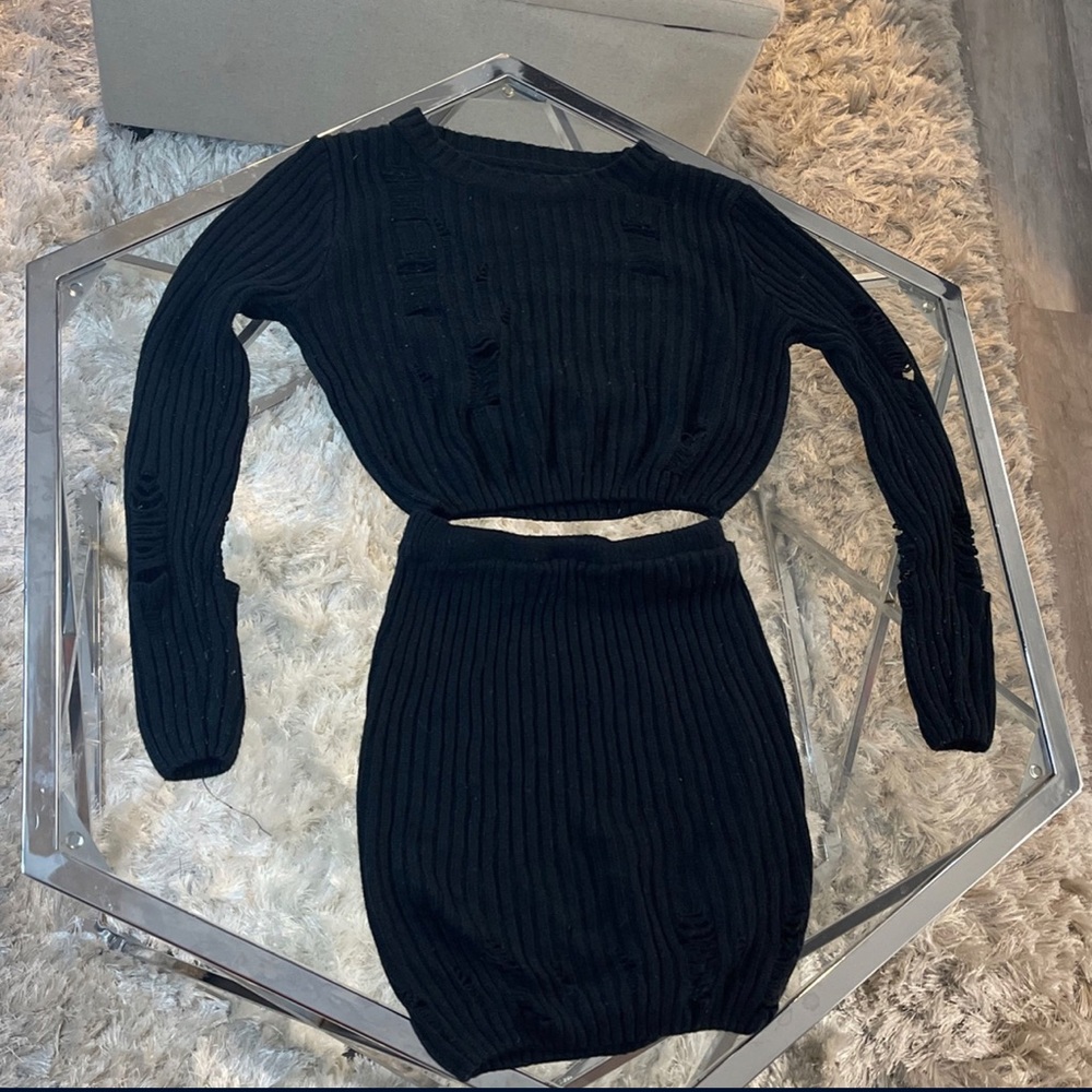 Distressed Crop Top Sweater Set